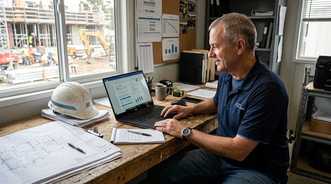 A construction business owner reviewing a tender proposal draft on a laptop in a site office